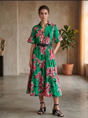 ZARA floral print belted midi dress .